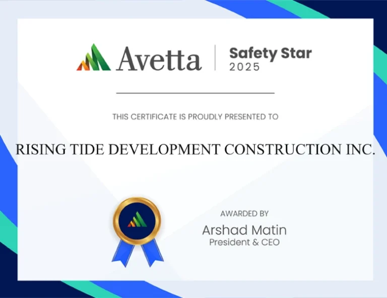 Avetta Safety Star Award 2025 certificate awarded to Rising Tide Development Construction Inc